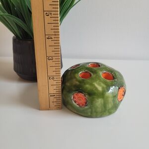Vintage Handmade Green and Orange Ceramic Floral Frog